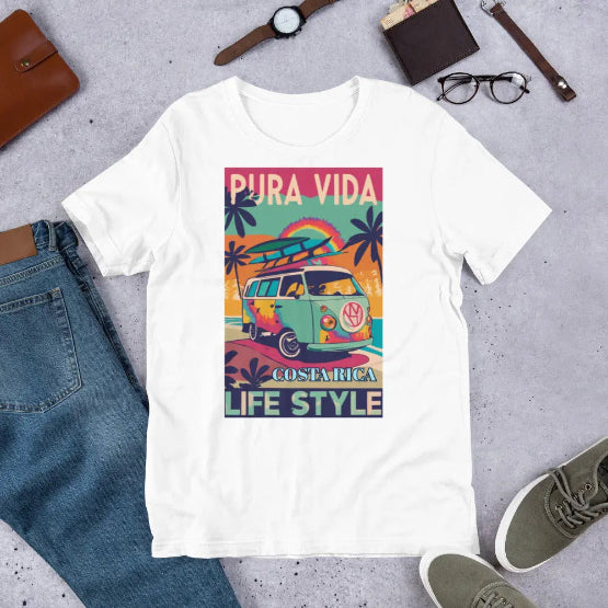 👉 "Unisex t-shirt featuring a vintage Volkswagen Combi van with 'Pura Vida' text, representing Costa Rica’s laid-back surf and travel culture."