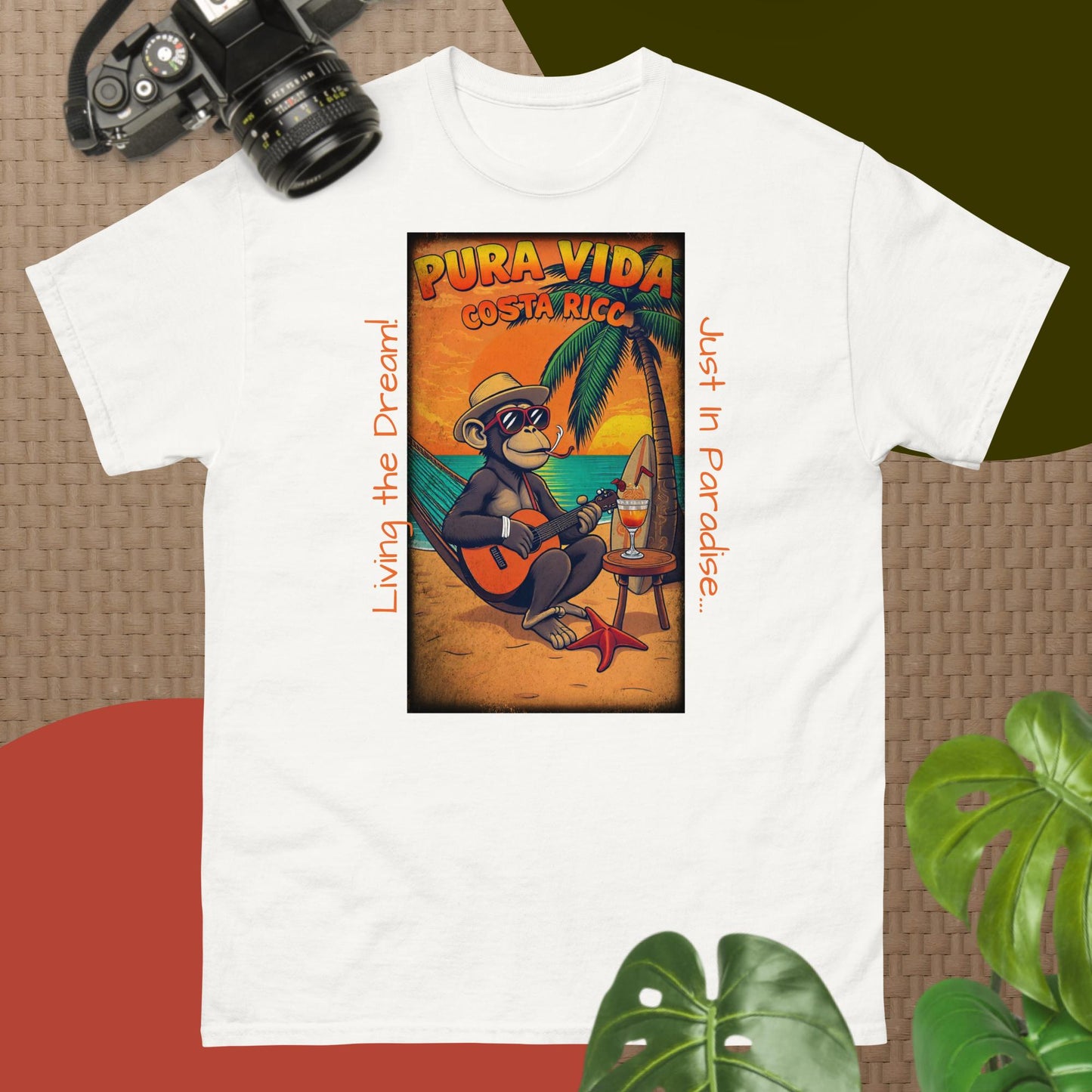 Unisex t-shirt with a cool monkey in sunglasses drinking from a coconut, tropical Costa Rica-themed design."