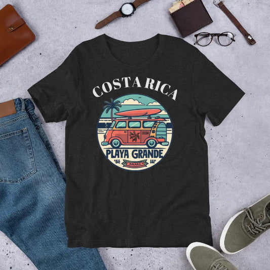 👉 "Unisex t-shirt with a 'Playa Grande CR' graphic, celebrating Costa Rica’s beautiful Playa Grande beach, a hotspot for surfers and turtle conservation."