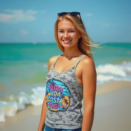 👉 "Unisex t-shirt with a 'Pura Vida CR' design, showcasing Costa Rica’s iconic phrase alongside tropical elements like waves and palm trees."